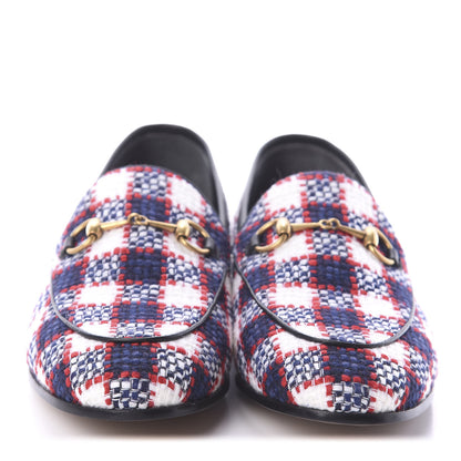 Gucci Vintage Tweed Check Horsebit Womens Jordaan Loafers 38.5 White Hibiscus Red Marine 2 of 7