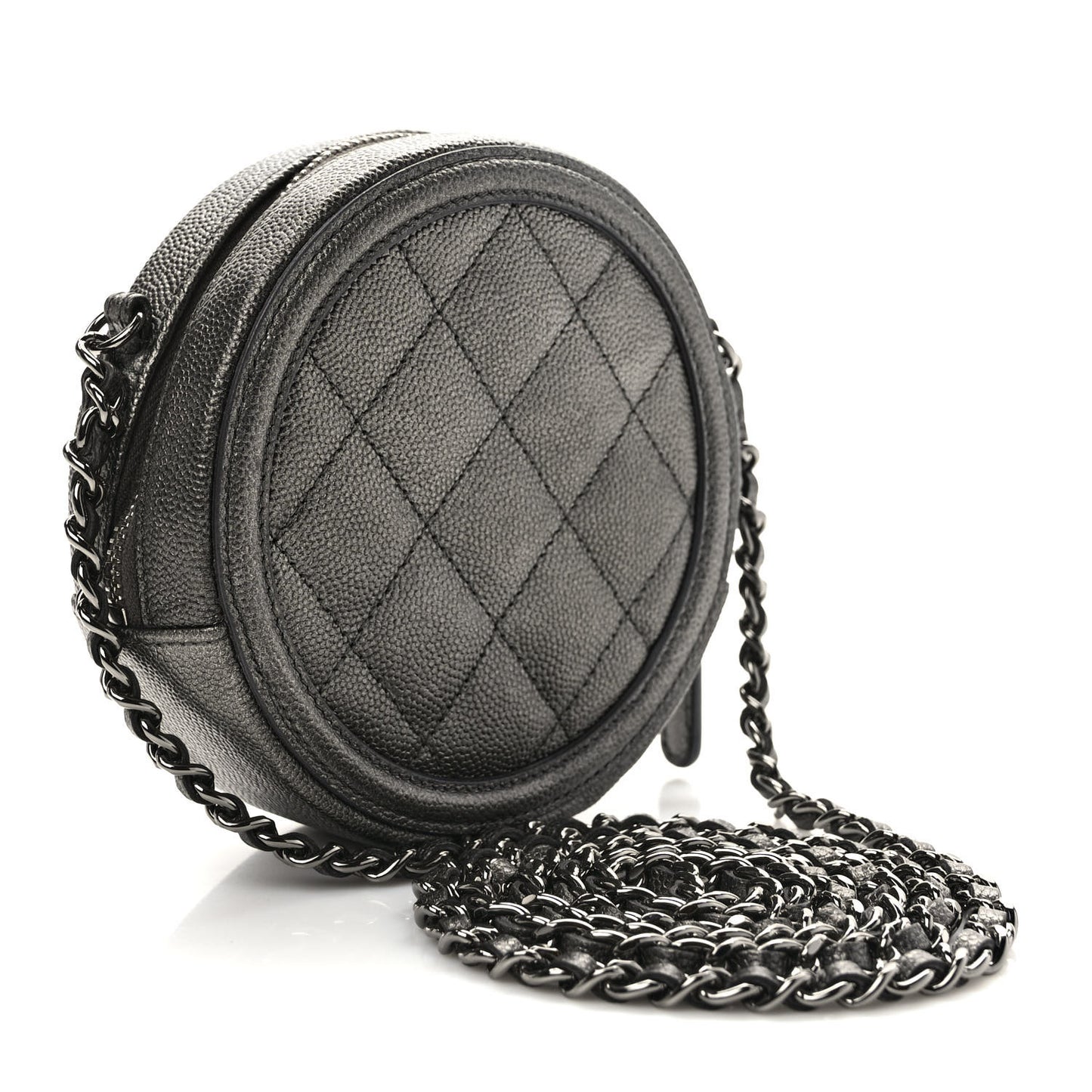 Metallic Caviar Quilted Round Filigree Crossbody Ruthenium