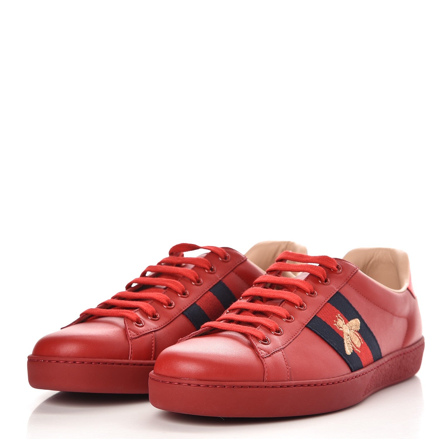Gucci Miro Soft Calfskin Laminated Ayers Web Bee Embroidered Mens Ace Sneakers 10.5 Hibiscus Red Red Flame Notte 3 of 9