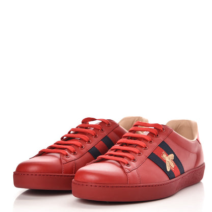 Gucci Miro Soft Calfskin Laminated Ayers Web Bee Embroidered Mens Ace Sneakers 10.5 Hibiscus Red Red Flame Notte 3 of 9