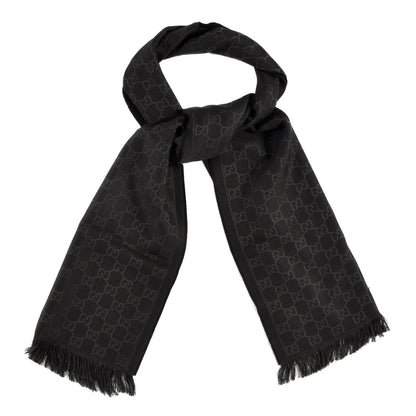 Gucci Wool GG Monogram Arliss Fringe Scarf Anthracite Black 1 of 4