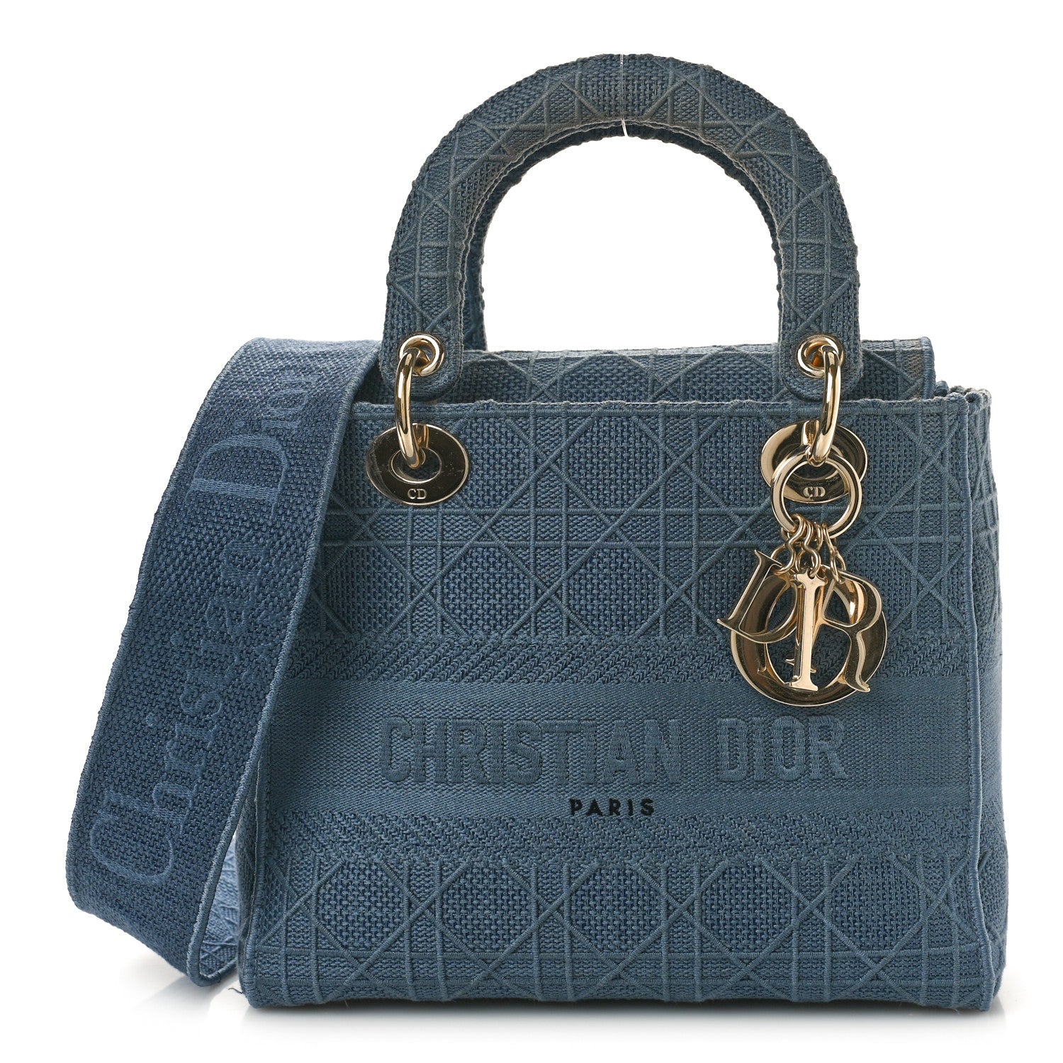 Christian Dior Canvas Embroidered Cannage Medium Lady D-Lite Denim Blue 1 of 11