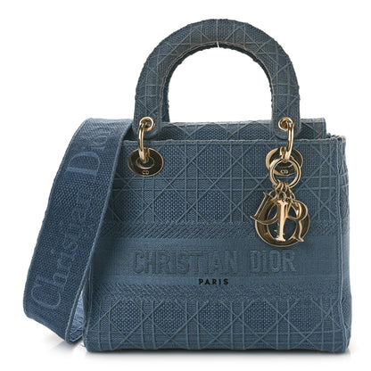 Christian Dior Canvas Embroidered Cannage Medium Lady D-Lite Denim Blue 1 of 11
