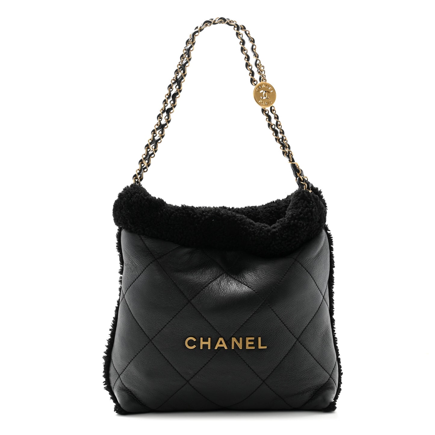 Aged Lambskin Shearling Quilted Small Chanel 22 Black