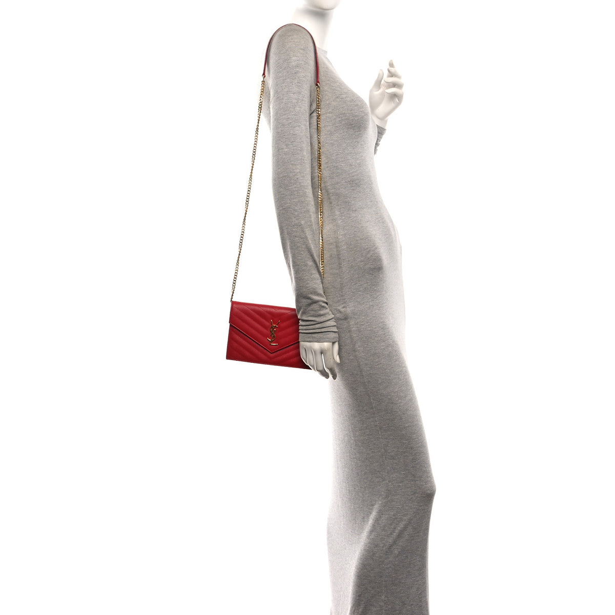 Grain De Poudre Matelasse Chevron Monogram Envelope Chain Wallet New Red