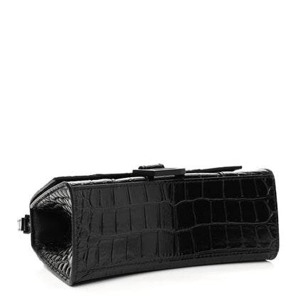 Balenciaga Shiny Calfskin Monochrome Crocodile Embossed Hourglass Top Handle Bag XS Black 4 of 10