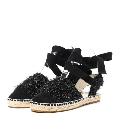 Chanel Fabric Tweed Suede Grosgrain CC Espadrilles 37 Black 3 of 9