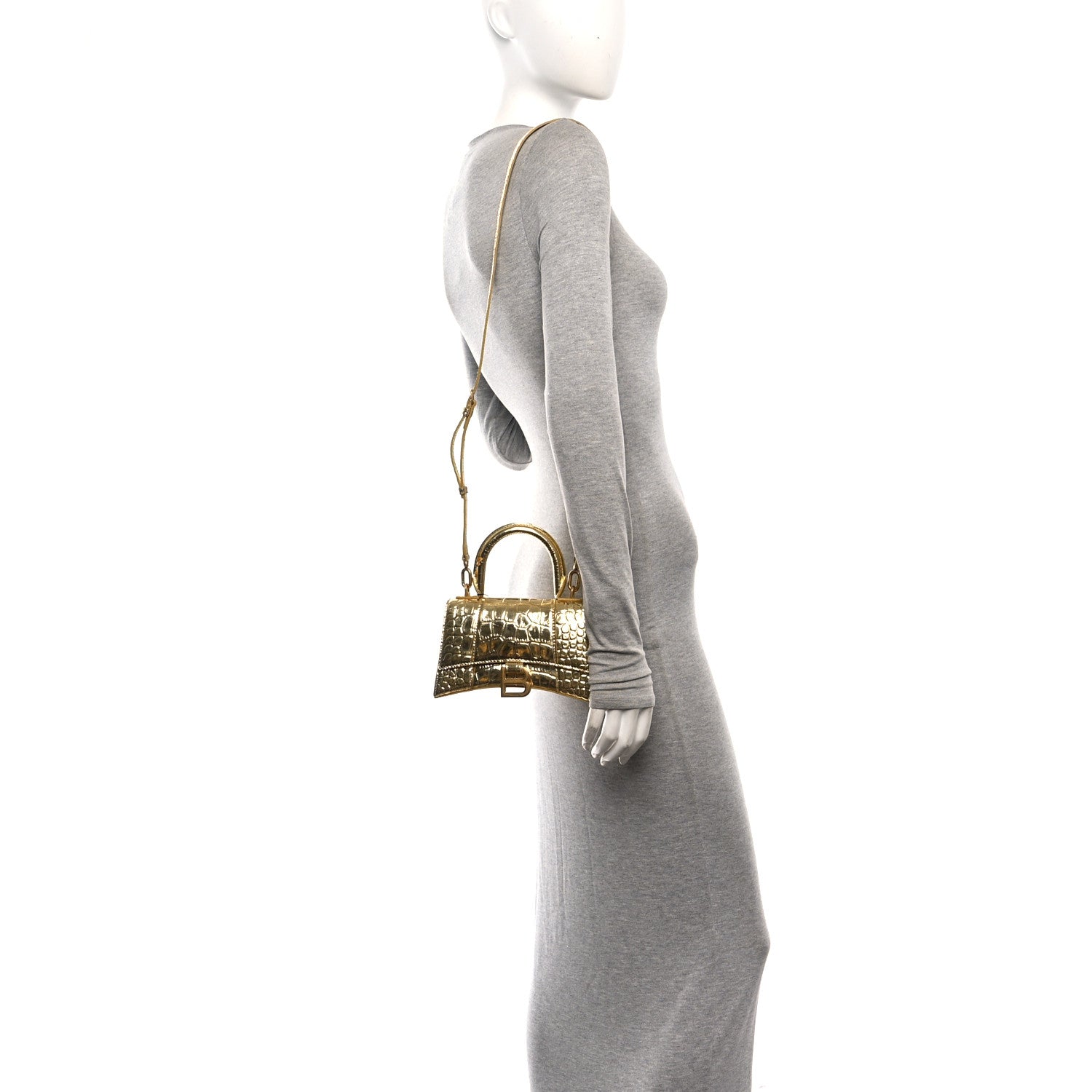 Balenciaga Metallic Calfskin Crocodile Embossed Hourglass Top Handle Bag XS Gold 2 of 9
