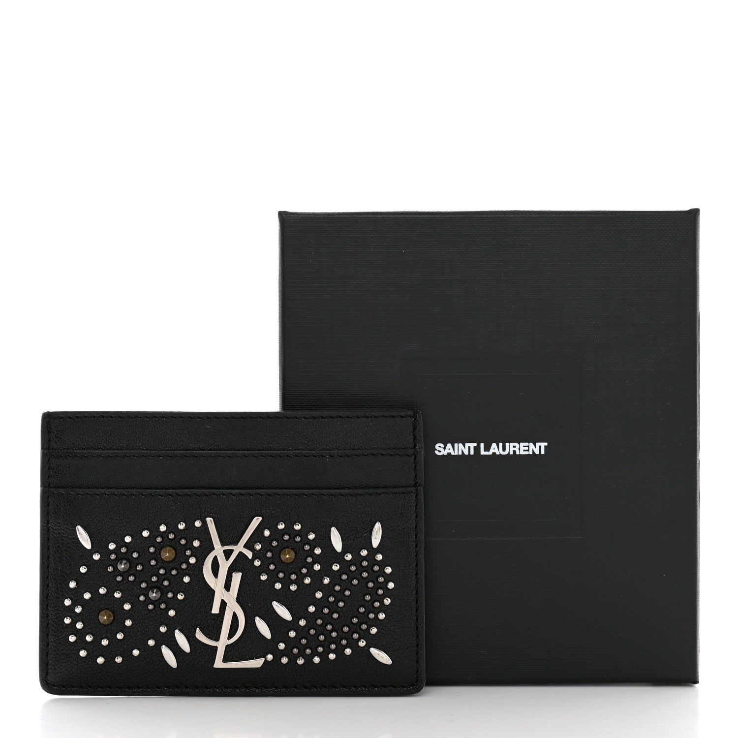 Saint Laurent Calfskin Paisley Studded Monogram Credit Card Case Black 8 of 8
