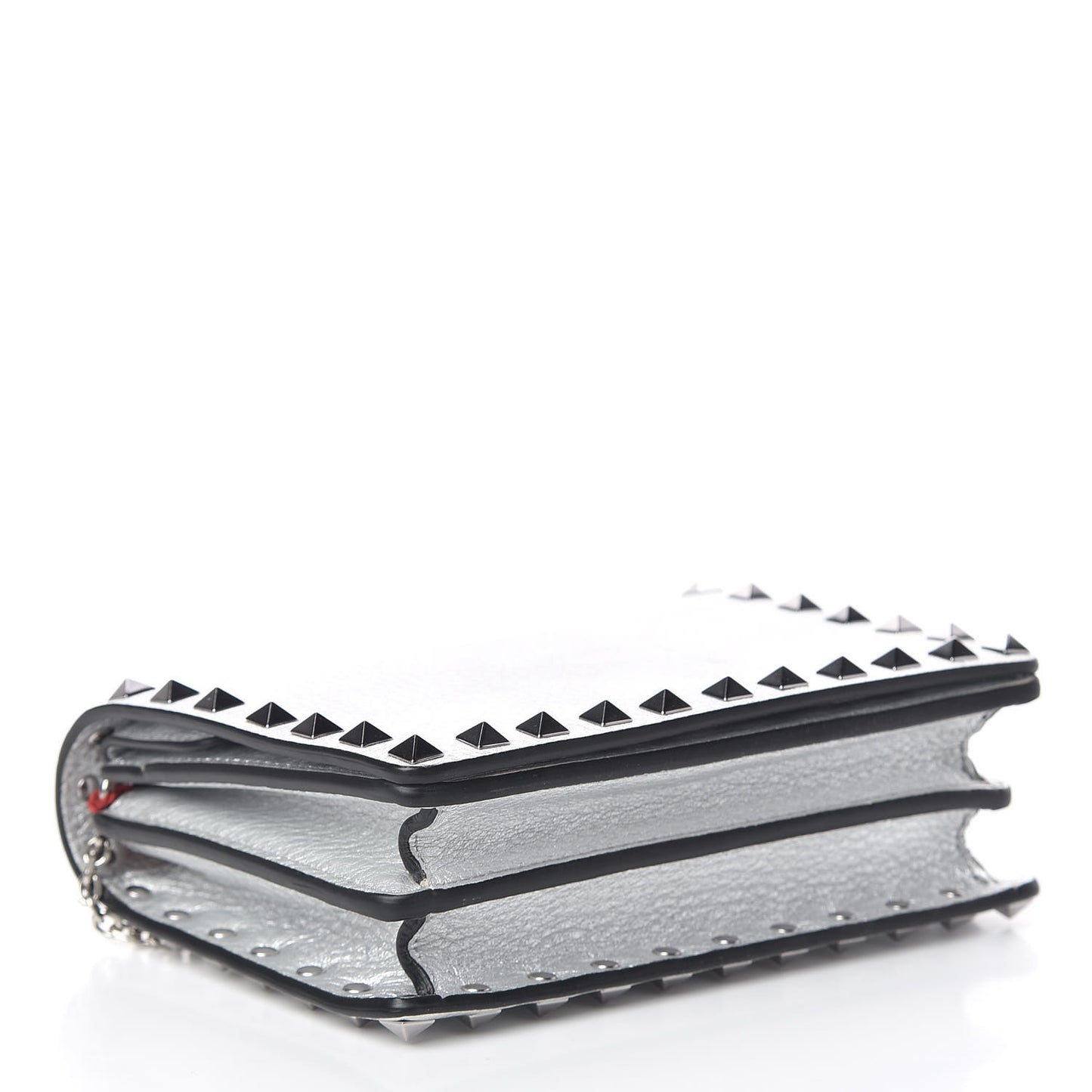 Metallic Pebbled Calfskin Rockstud Wallet on Chain Silver