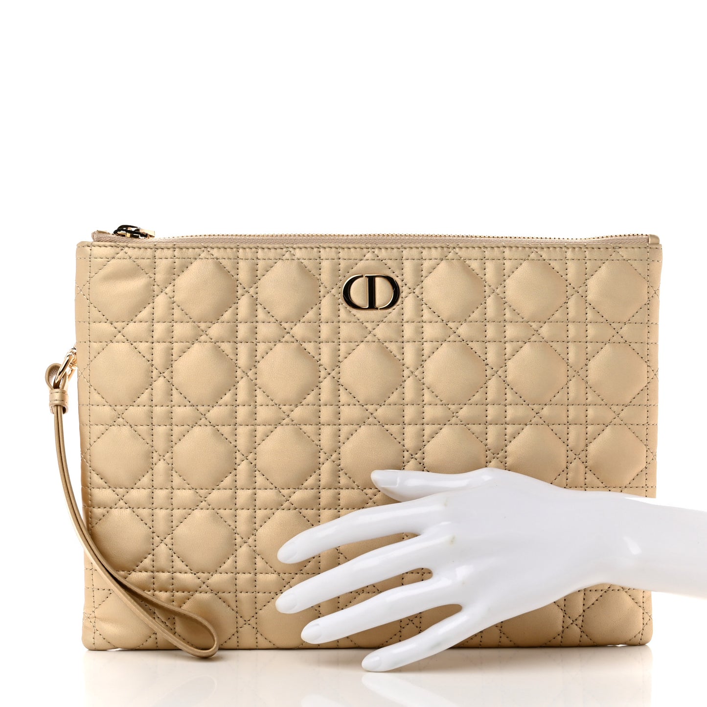 Metallic Lambskin Cannage Large Caro Daily Pouch Gold
