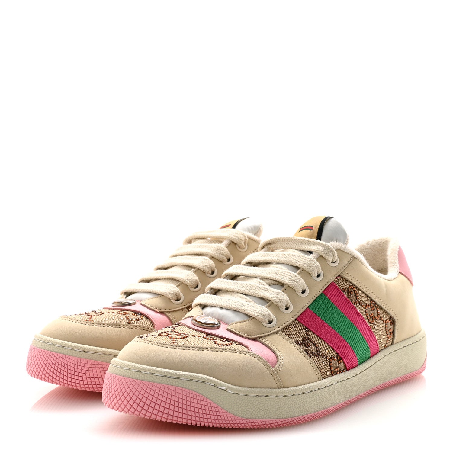 Gucci Calfskin GG Supreme Crystals Web Screener Sneakers 39 Beige Ebony Wild Rose 38 Beige Ebony Wild Rose 4 of 9