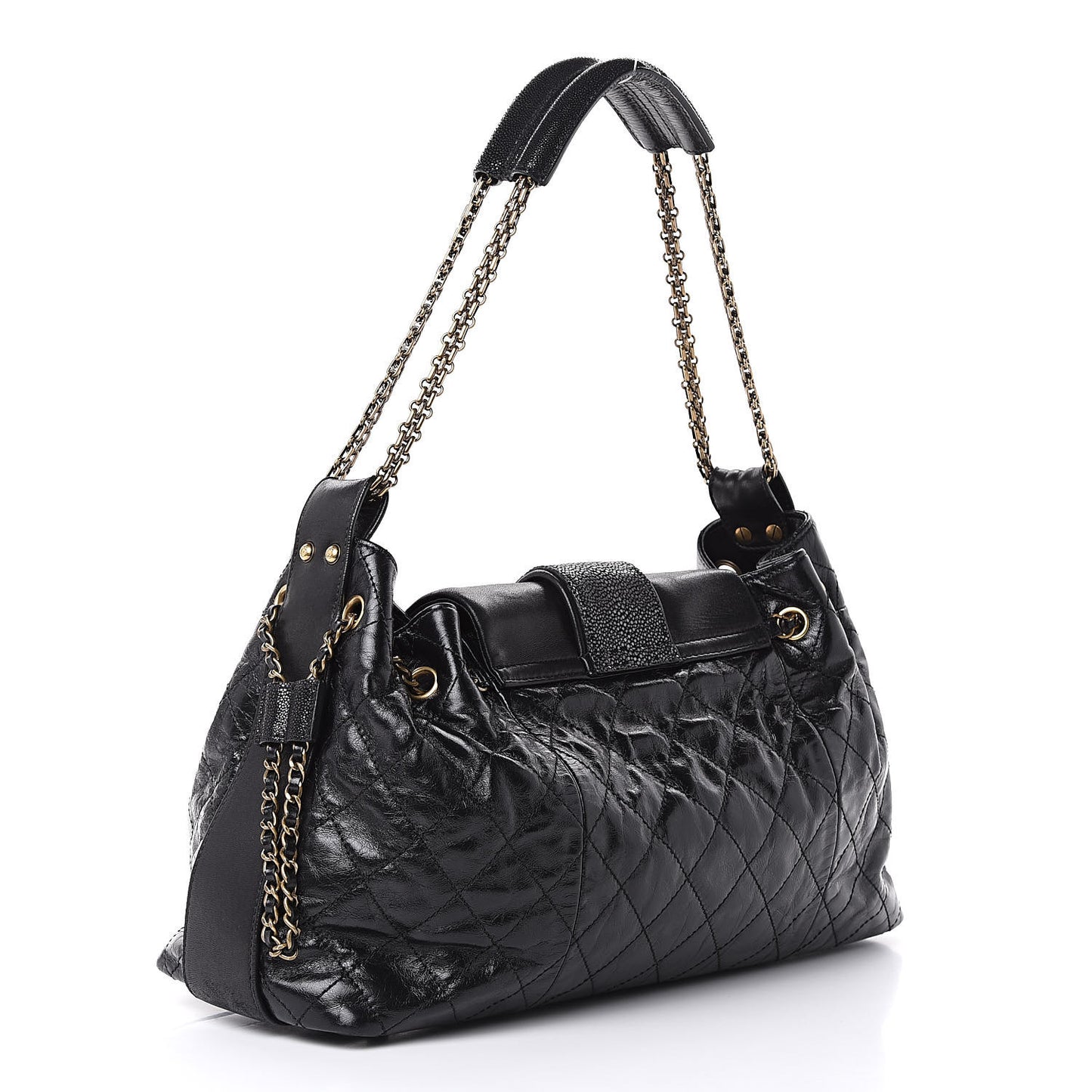 Glazed Calfskin Stingray Bindi CC Accordion Tote Black