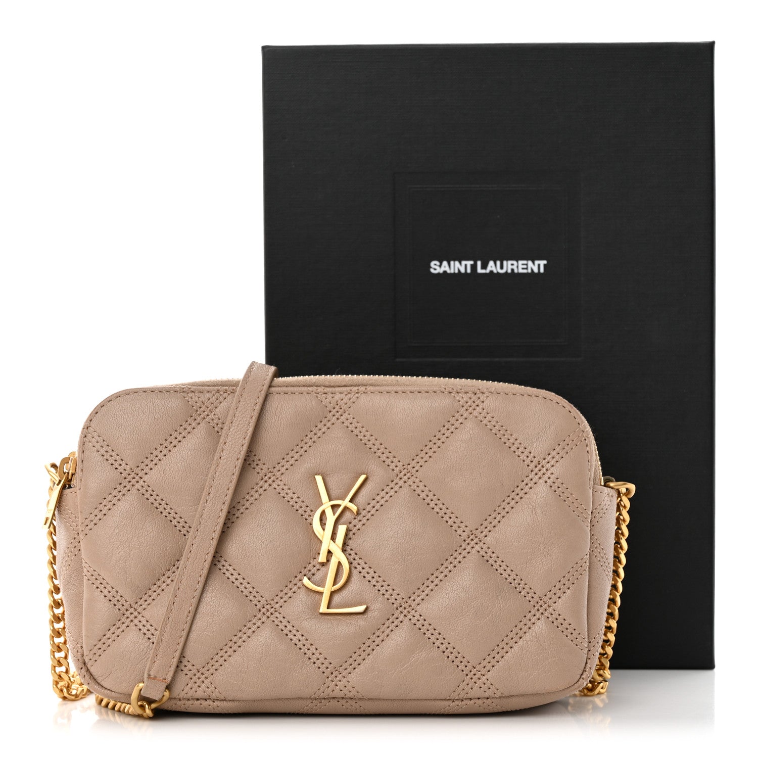 Saint Laurent Grained Lambskin Quilted Mini Becky Double Zip Bag Natural Tan 18 of 18