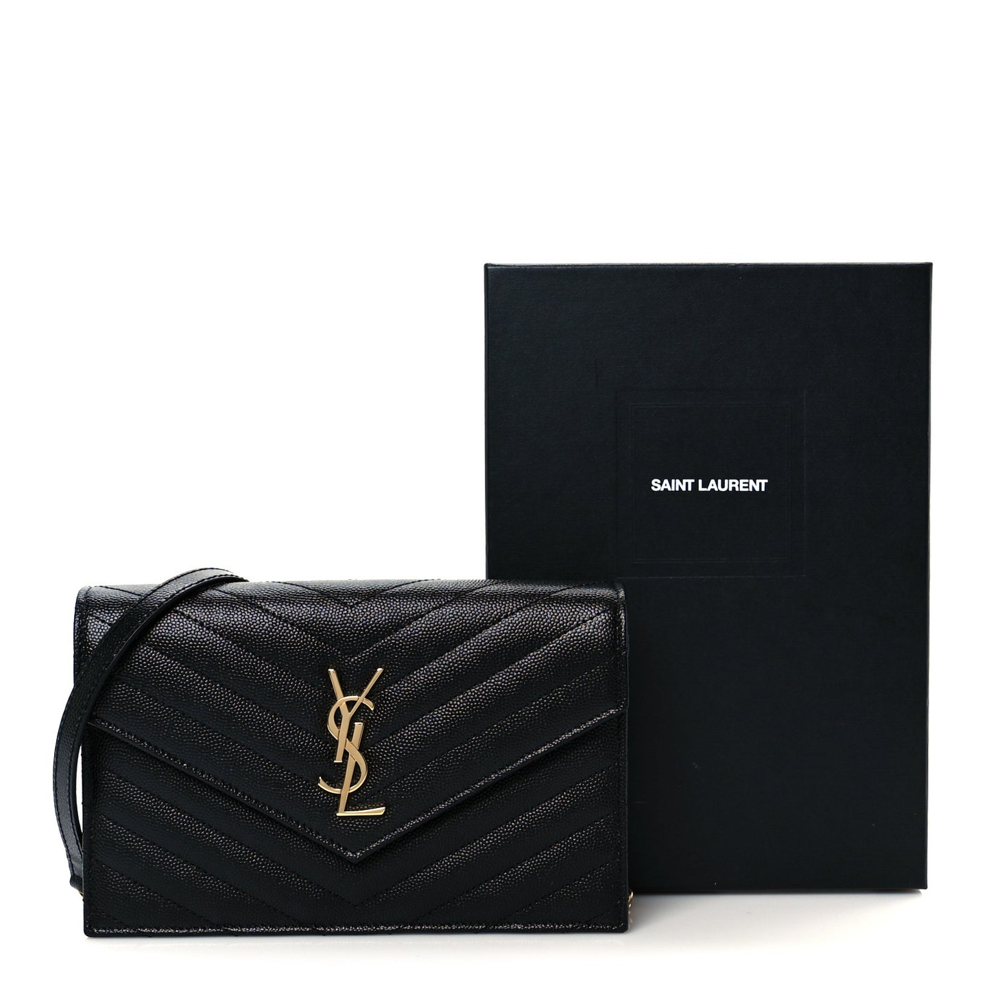 Grain De Poudre Matelasse Chevron Monogram Envelope Chain Wallet Black