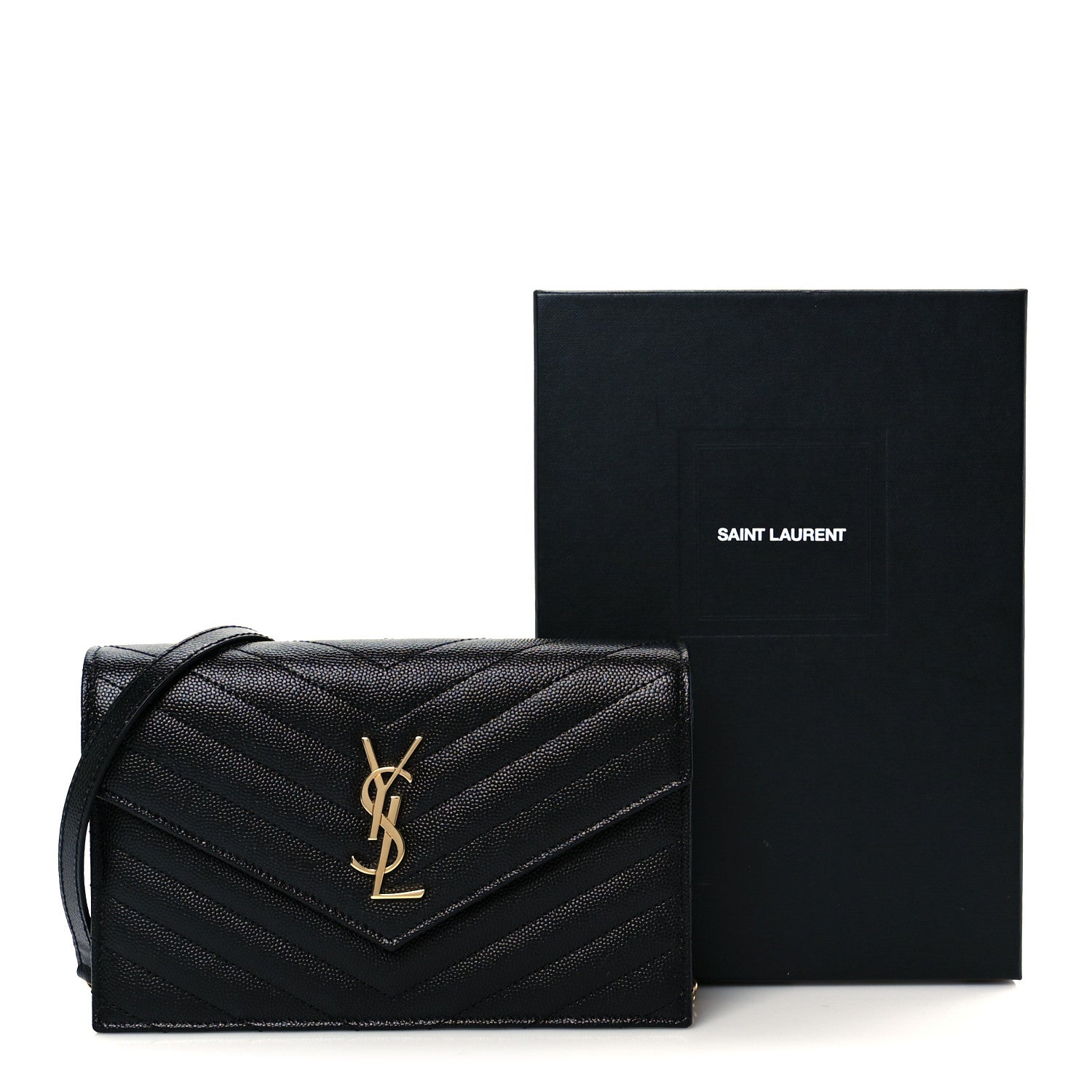 Saint Laurent Grain De Poudre Matelasse Chevron Monogram Envelope Chain Wallet Black 17 of 20