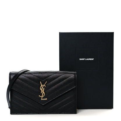 Saint Laurent Grain De Poudre Matelasse Chevron Monogram Envelope Chain Wallet Black 17 of 20