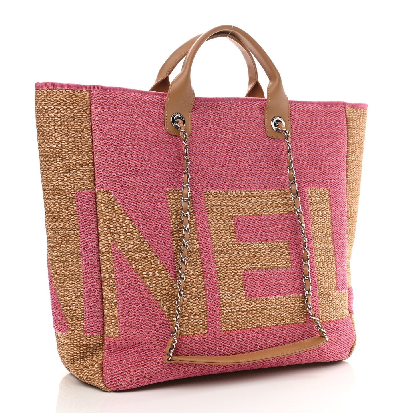Woven Straw Raffia Logo Tote Pink Beige