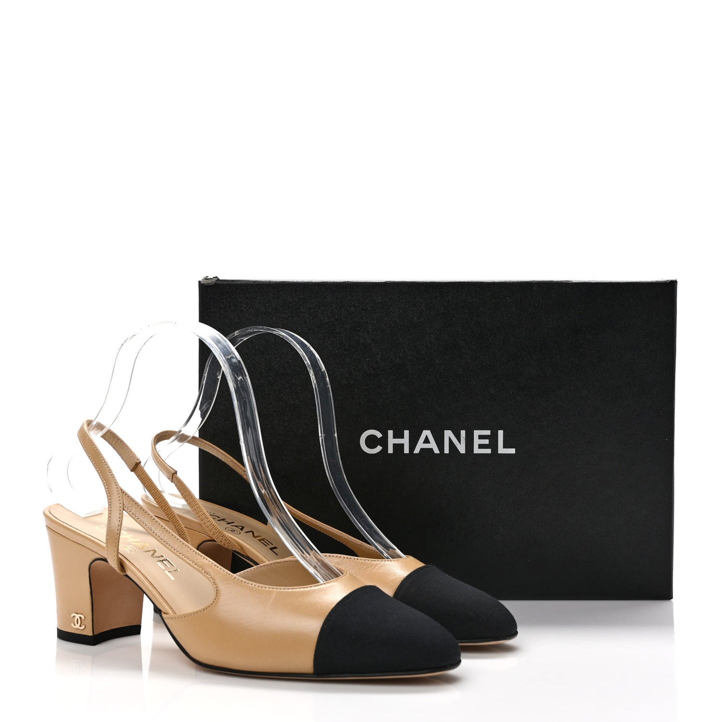 Goatskin Grosgrain Cap Toe CC Slingback Pumps 38 Beige Black