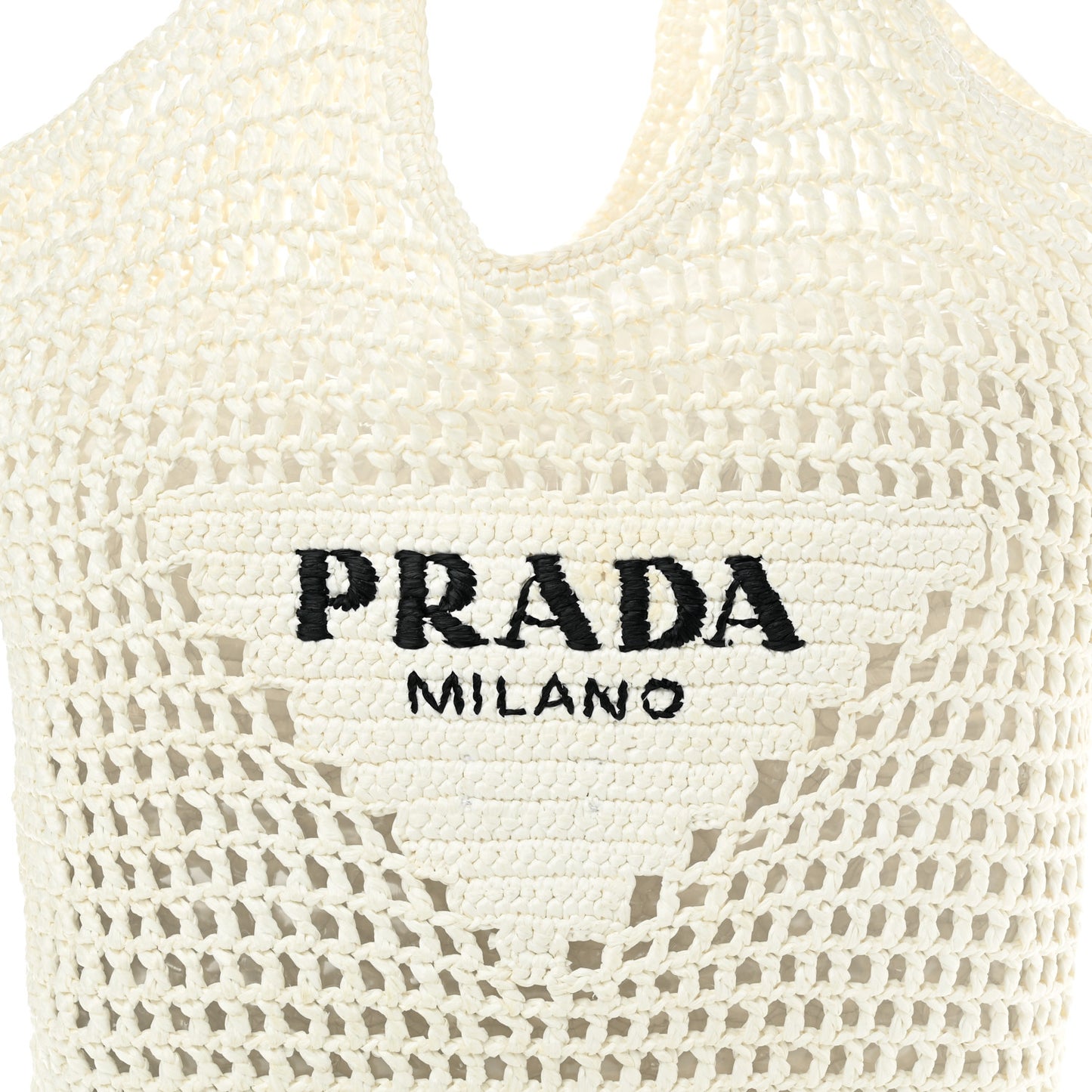 Yarn Raffia Effect Crochet Logo Embroidered Shopping Tote Bag White