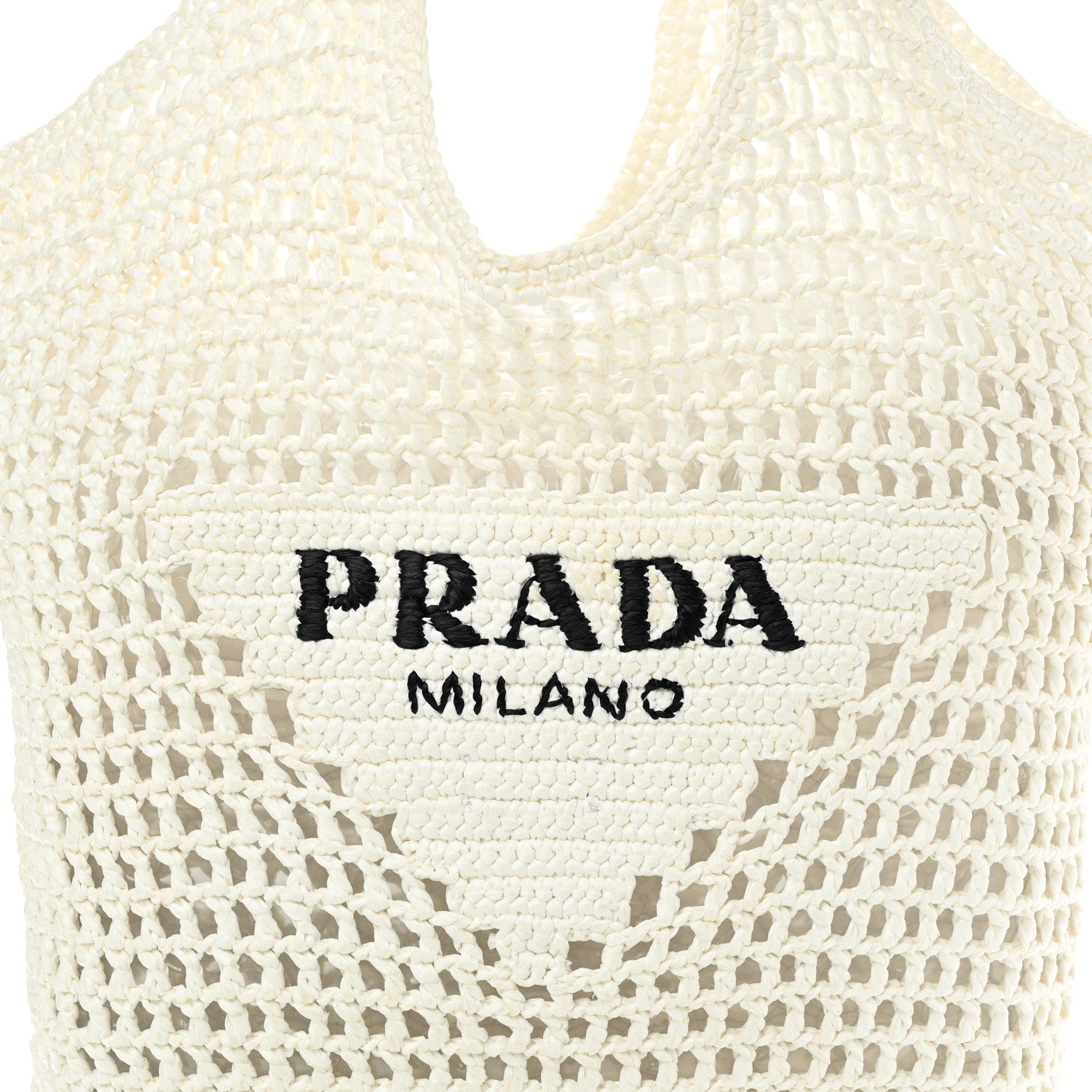 Prada Yarn Raffia Effect Crochet Logo Embroidered Shopping Tote Bag White 7 of 9