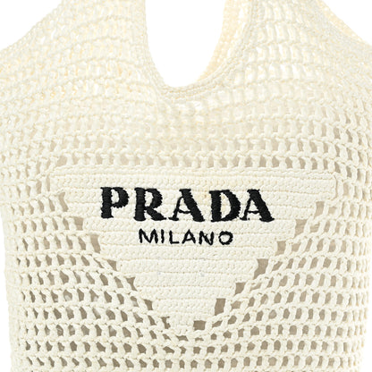 Prada Yarn Raffia Effect Crochet Logo Embroidered Shopping Tote Bag White 7 of 9
