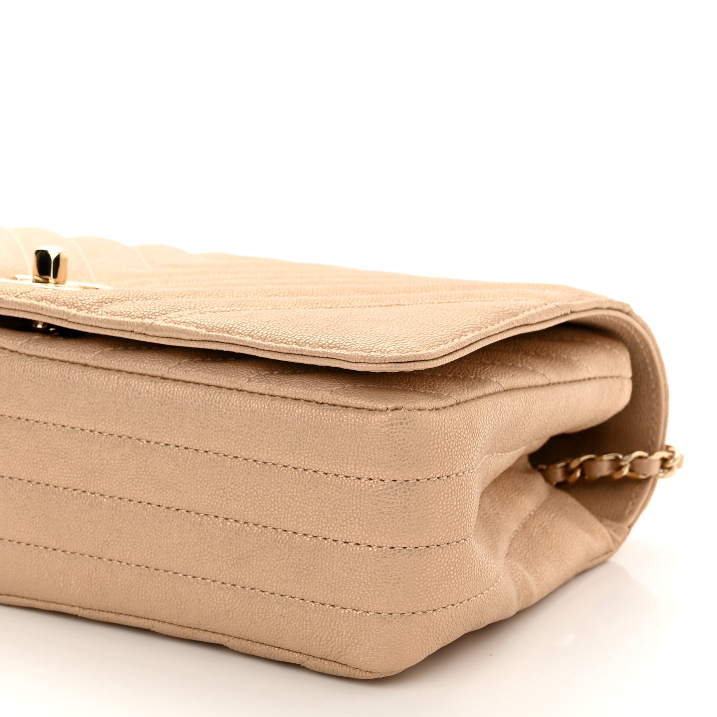 Metallic Caviar Chevron Quilted Medium Statement Flap Beige