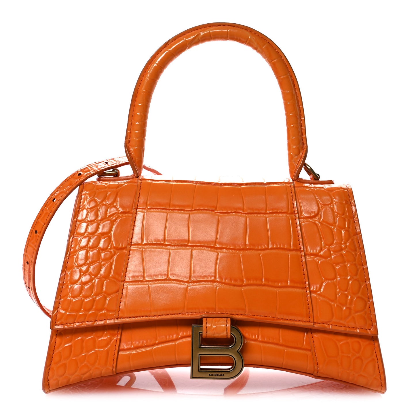 Shiny Calfskin Crocodile Embossed Small Hourglass Top Handle Bag Orange