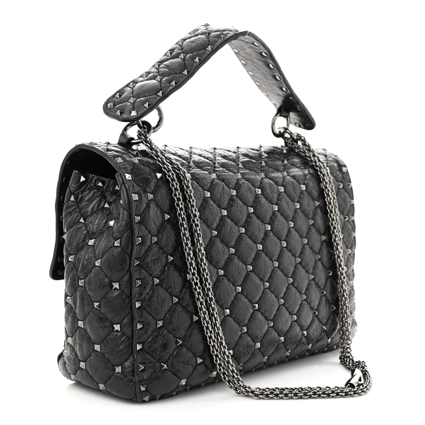 Craquele Nappa Large Rockstud Spike Shoulder Bag Black