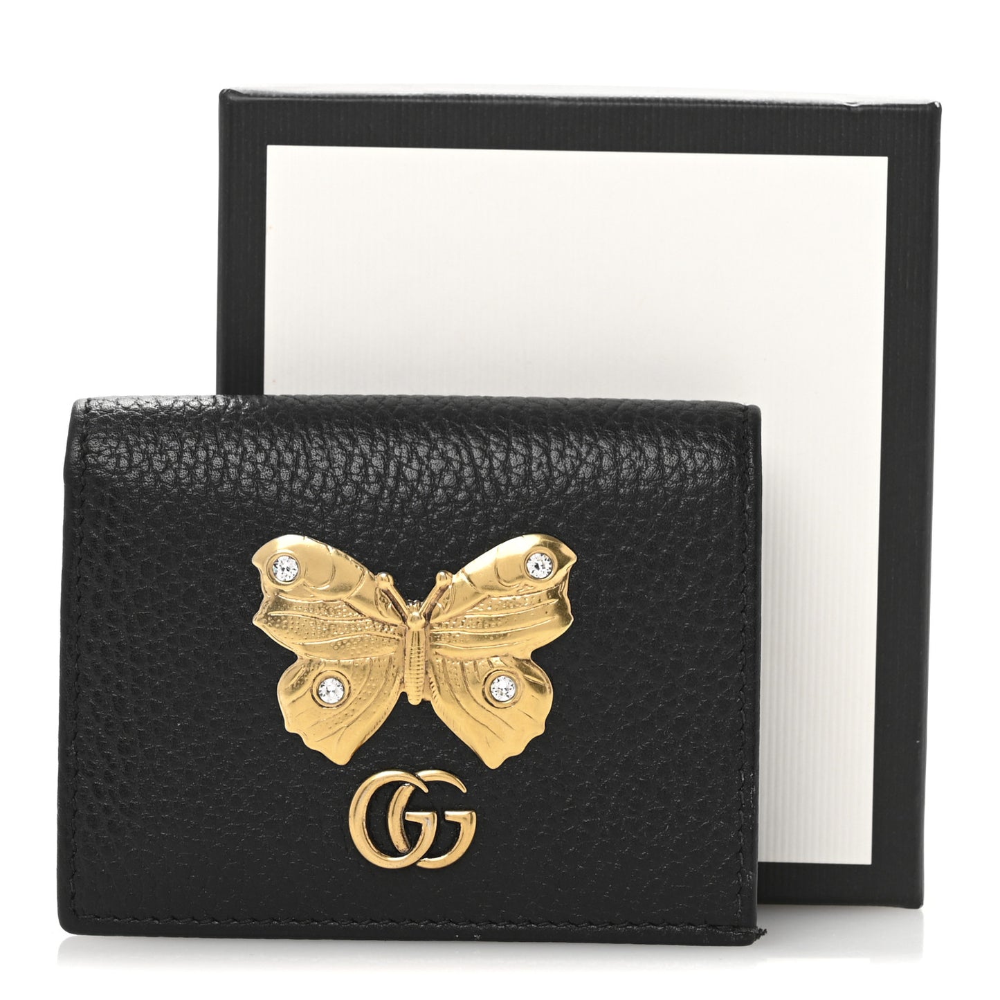 Pebbled Calfskin Butterfly Card Case Black