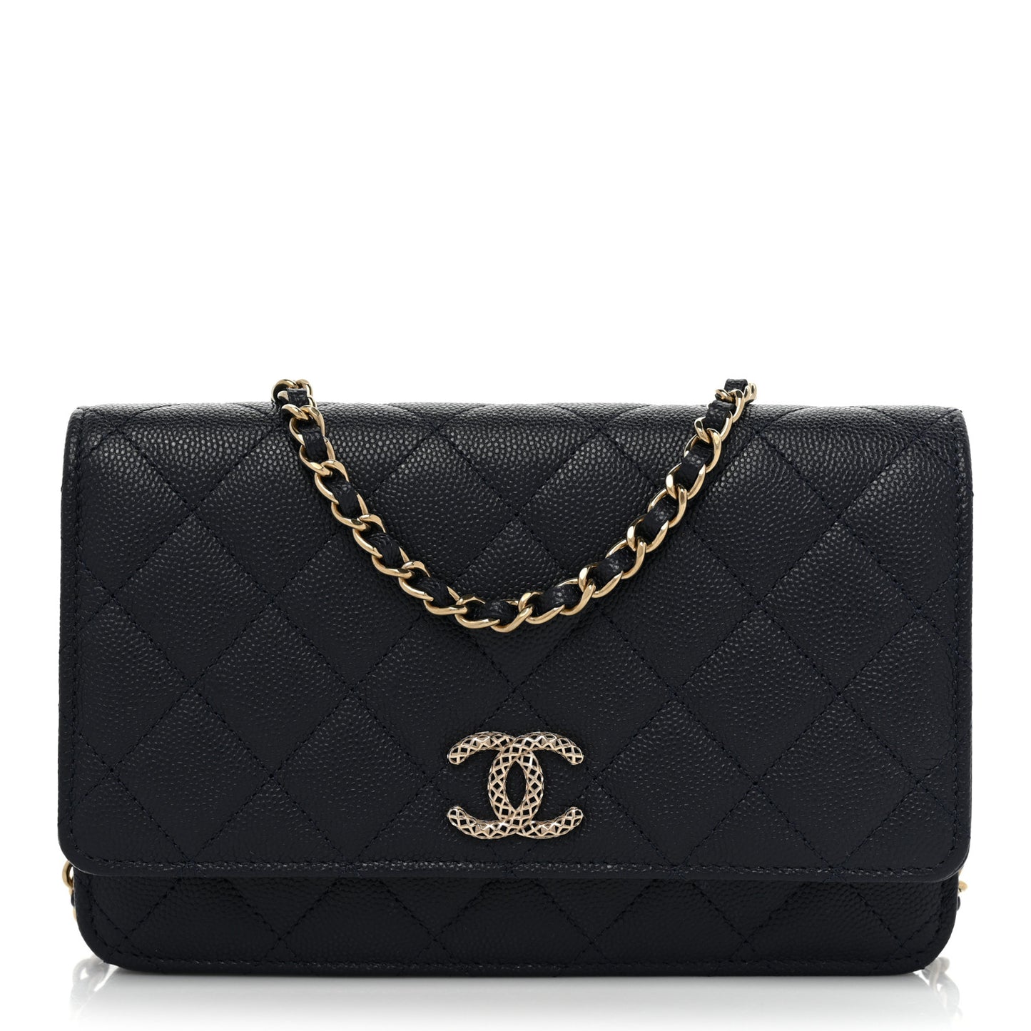 Caviar Quilted Perforated Metal Wallet On Chain WOC Navy