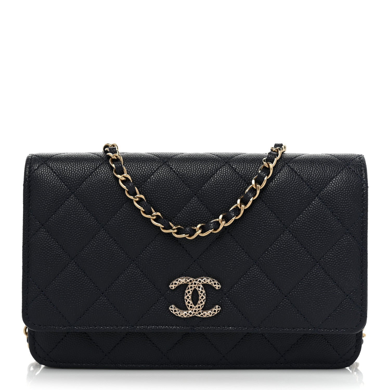 Chanel Caviar Quilted Perforated Metal Wallet On Chain WOC Navy 1 of 10