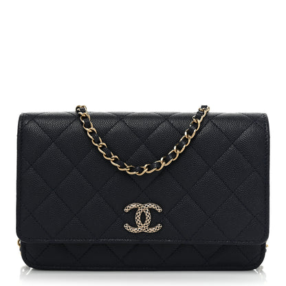 Chanel Caviar Quilted Perforated Metal Wallet On Chain WOC Navy 1 of 10