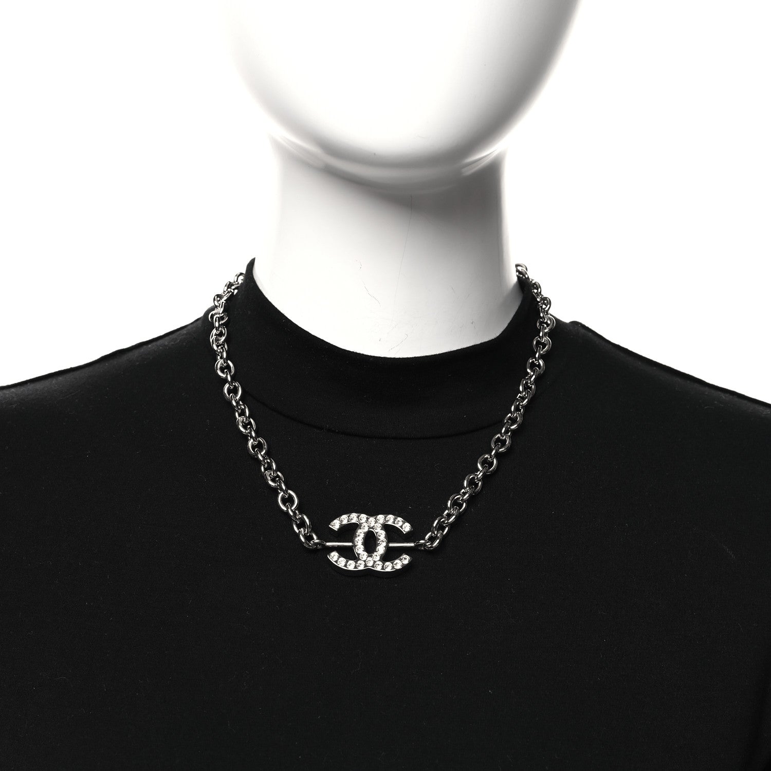Chanel Metal Strass Chain Link Necklace Silver 2 of 5