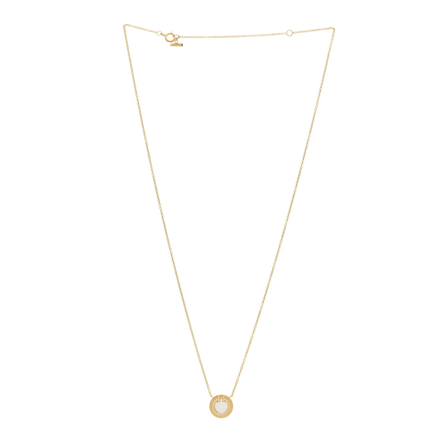 18K Yellow Gold Diamond Mother of Pearl Small T Circle Pendant Necklace