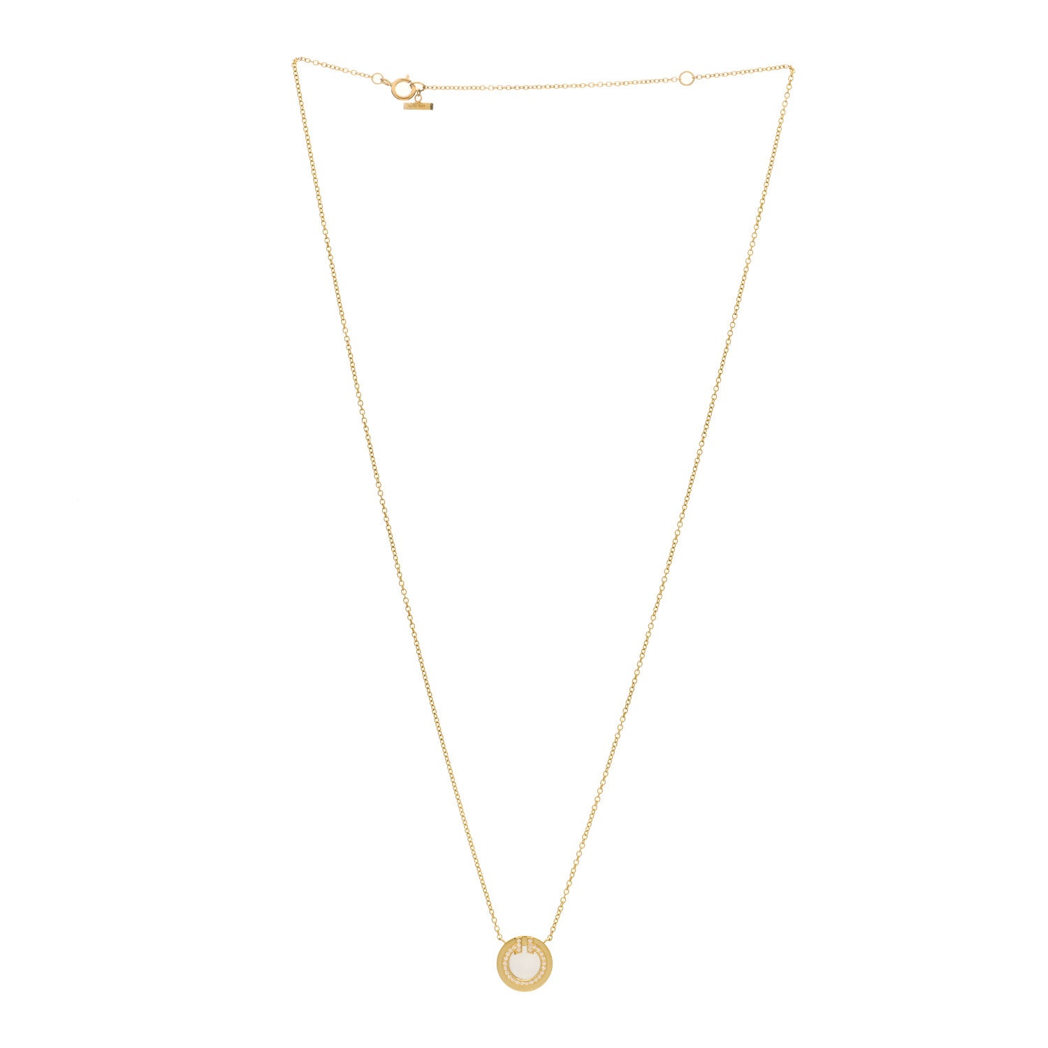 Tiffany 18K Yellow Gold Diamond Mother of Pearl Small T Circle Pendant Necklace 2 of 4