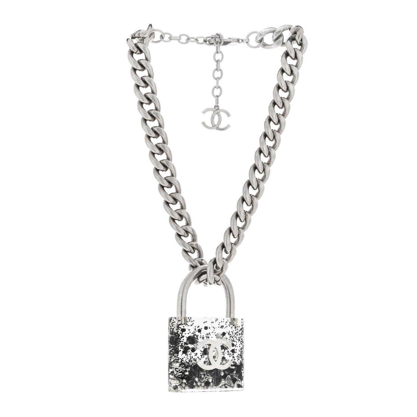 Resin CC Oversized Padlock Chain Necklace Silver Pearly White