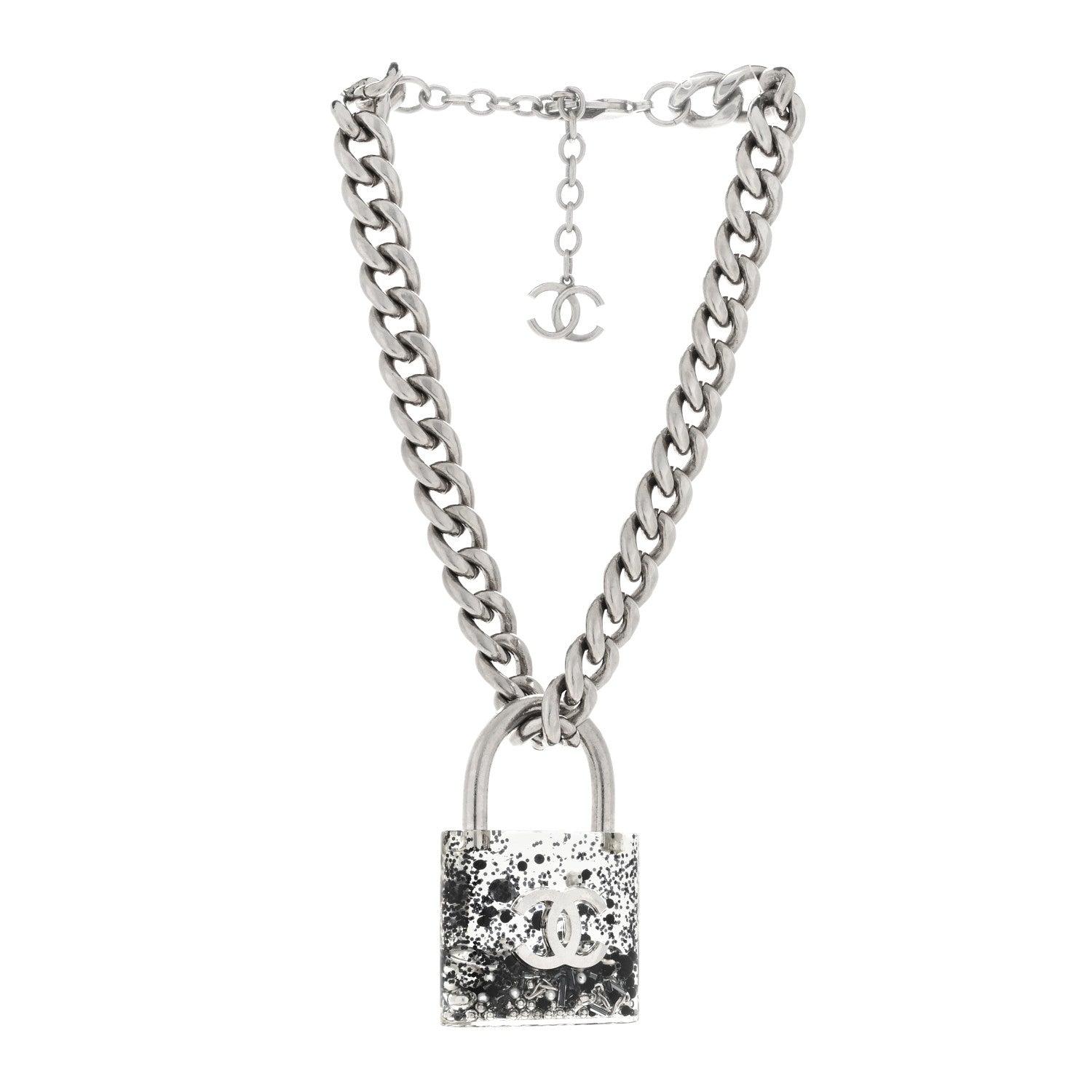 Chanel Resin CC Oversized Padlock Chain Necklace Silver Pearly White 2 of 3