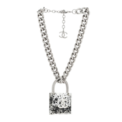 Chanel Resin CC Oversized Padlock Chain Necklace Silver Pearly White 2 of 3