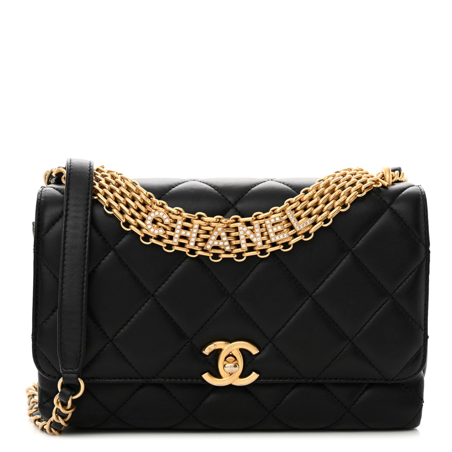 Lambskin Quilted CC Crystal Logo Chain Flap Black