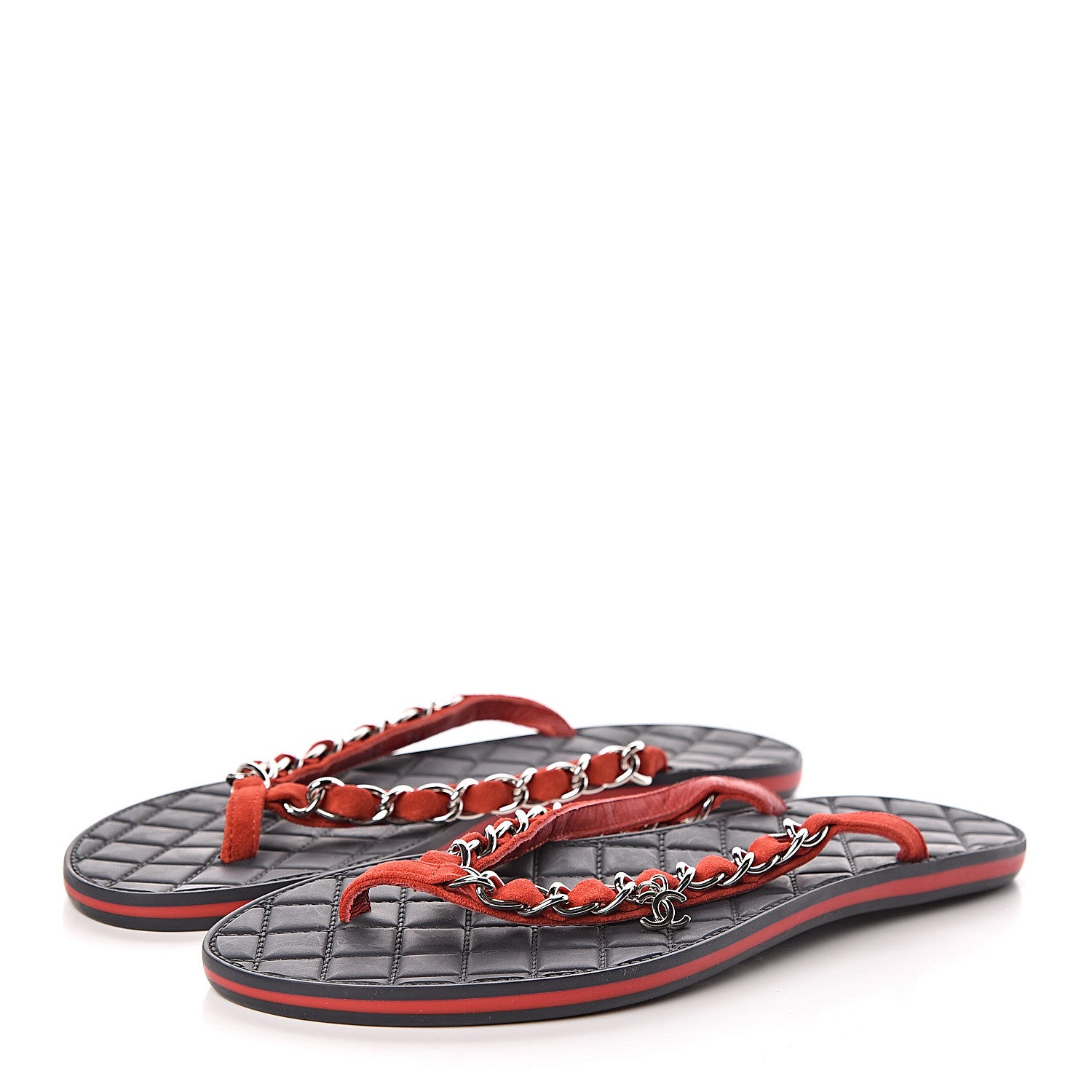 Chanel Suede Calfskin Quilted Chain Thong Sandals 36.5 Red 3 of 12
