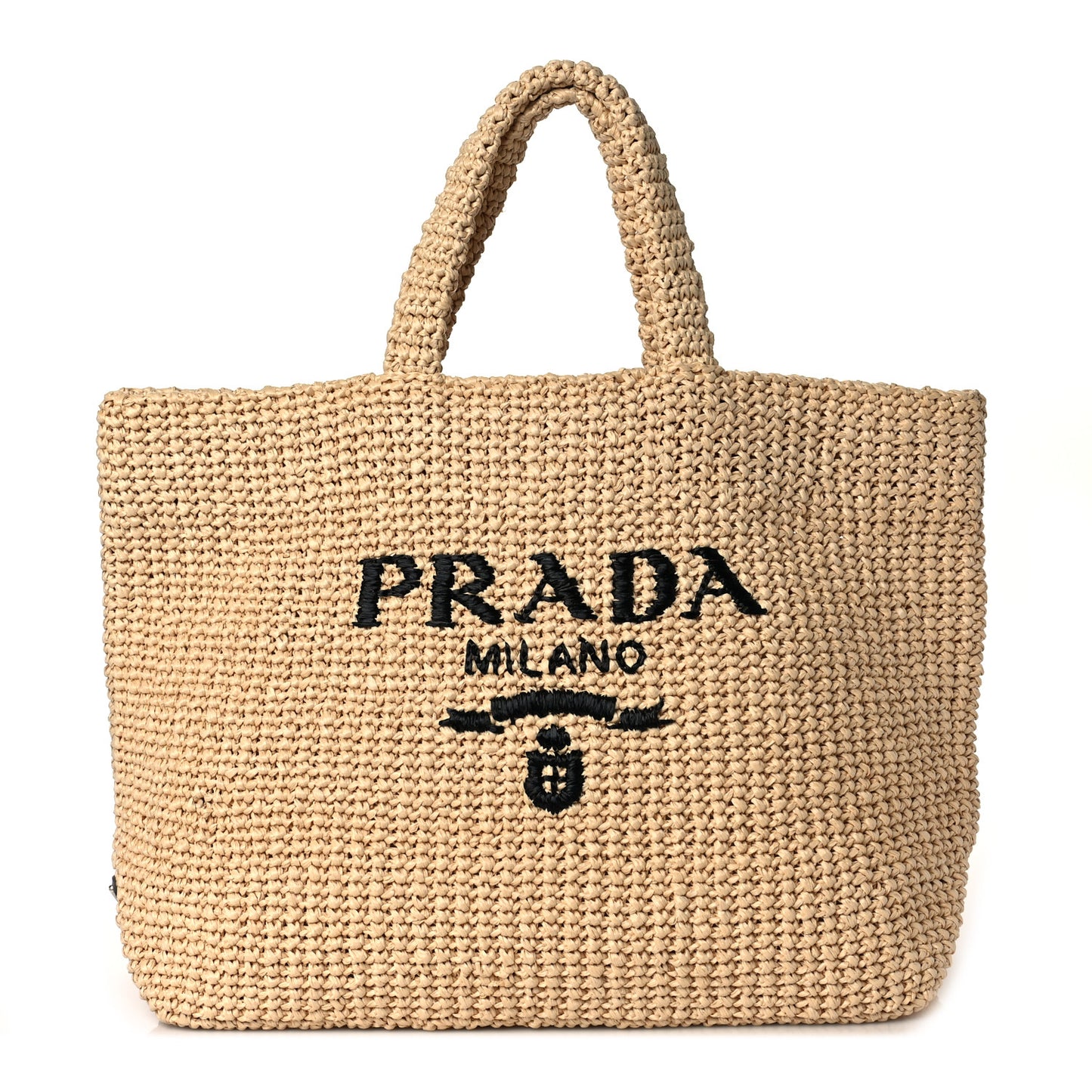 Yarn Raffia Effect Crochet Embroidered Logo Tote Naturale