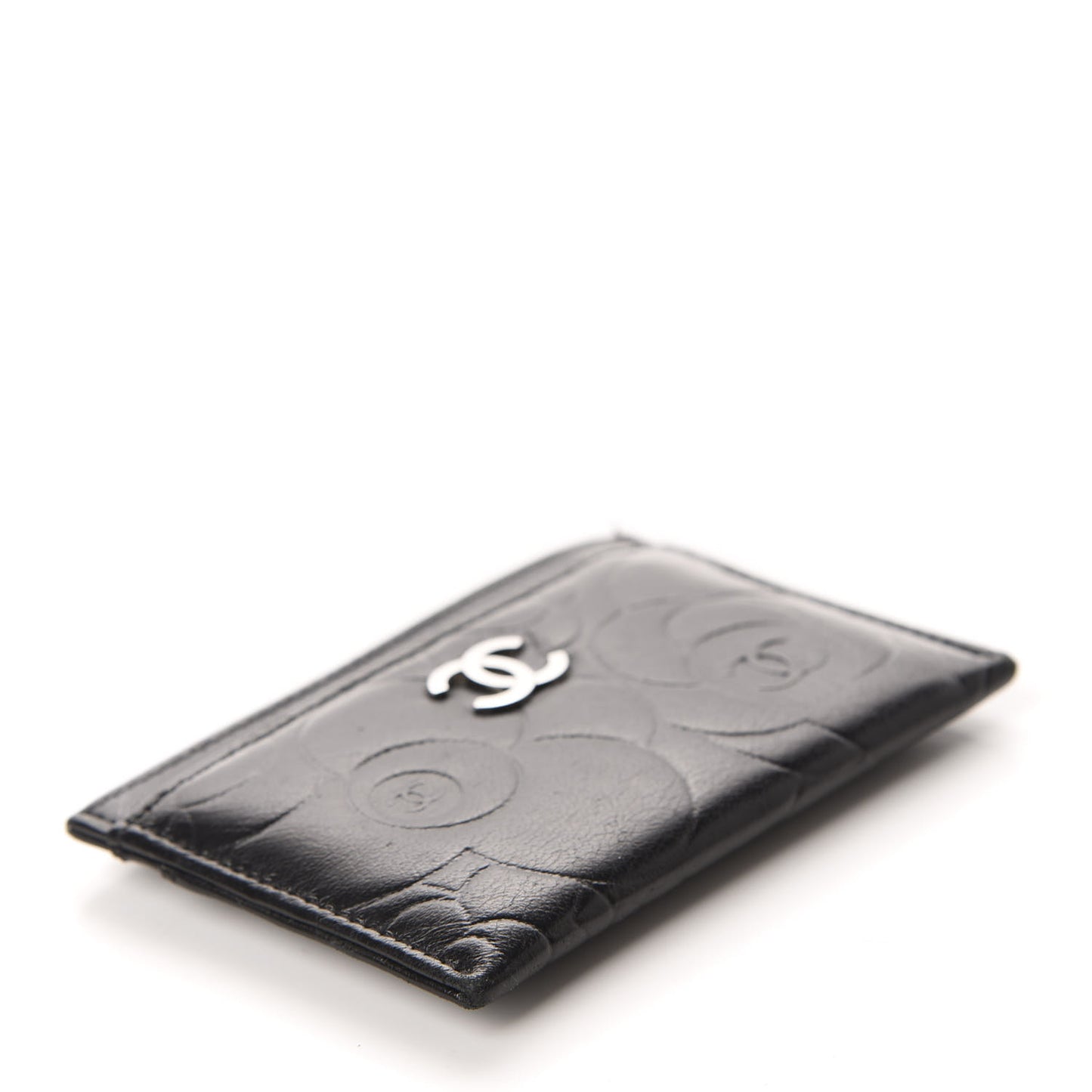 Lambskin Camellia Embossed Card Holder Black