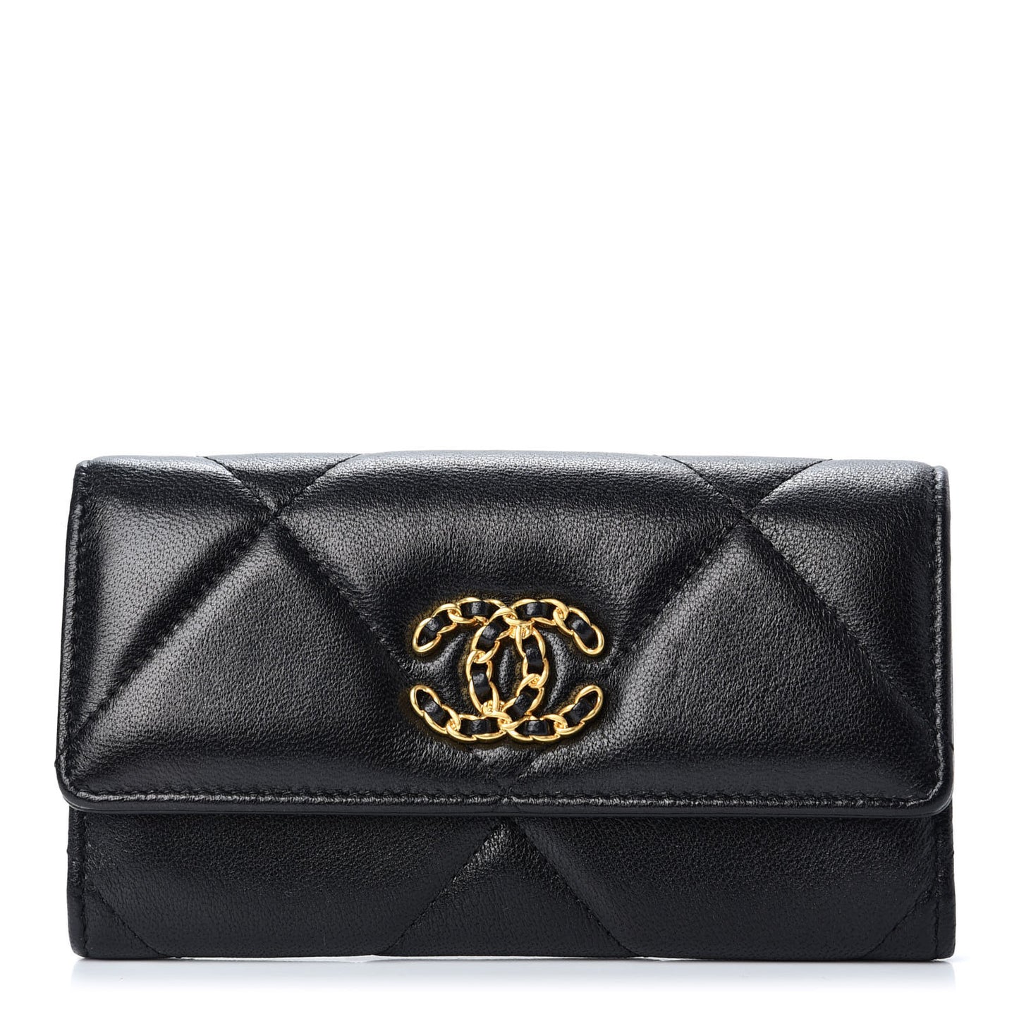 Shiny Goatskin Quilted Chanel 19 Flap Wallet Black