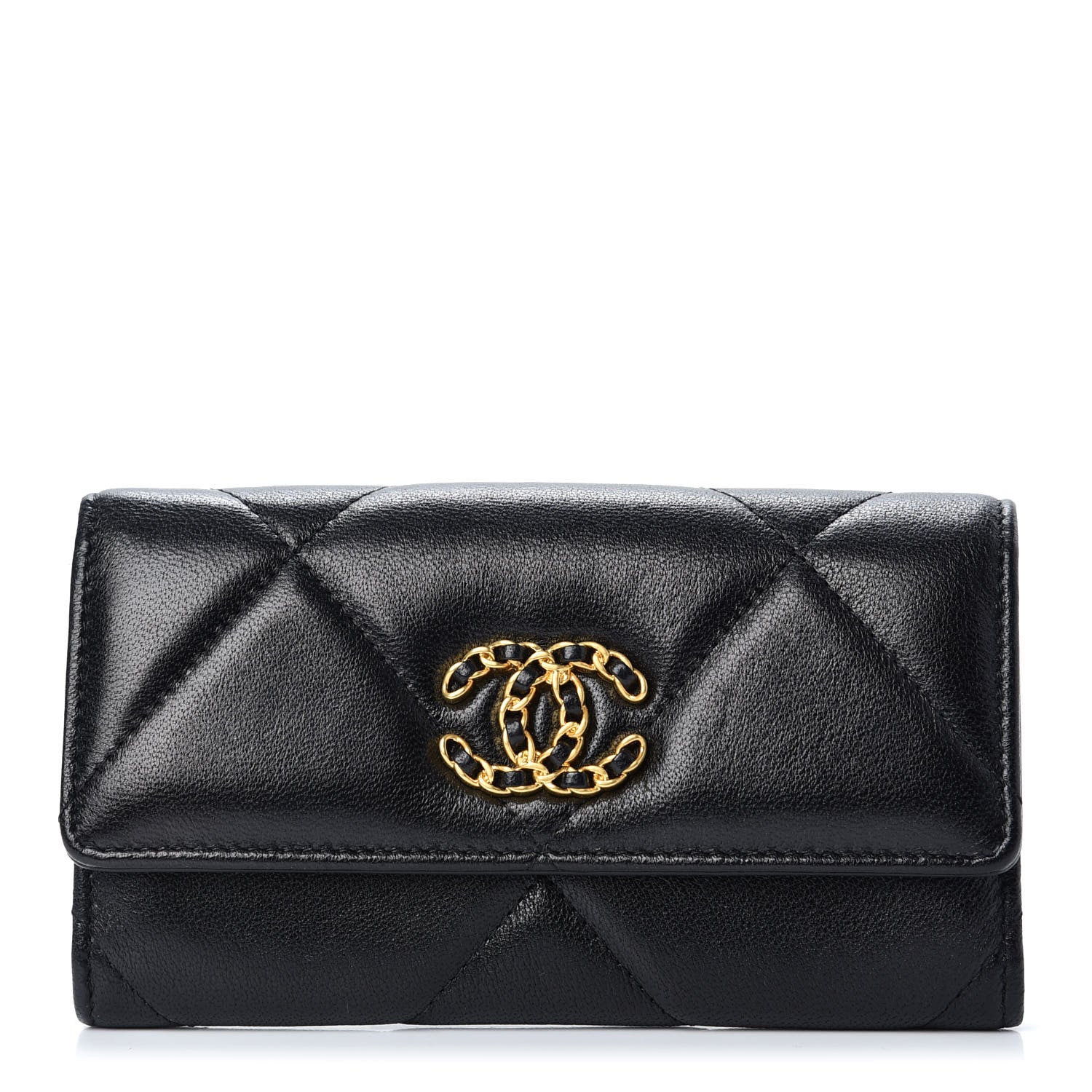 Chanel Shiny Goatskin Quilted Chanel 19 Flap Wallet Black 1 of 8