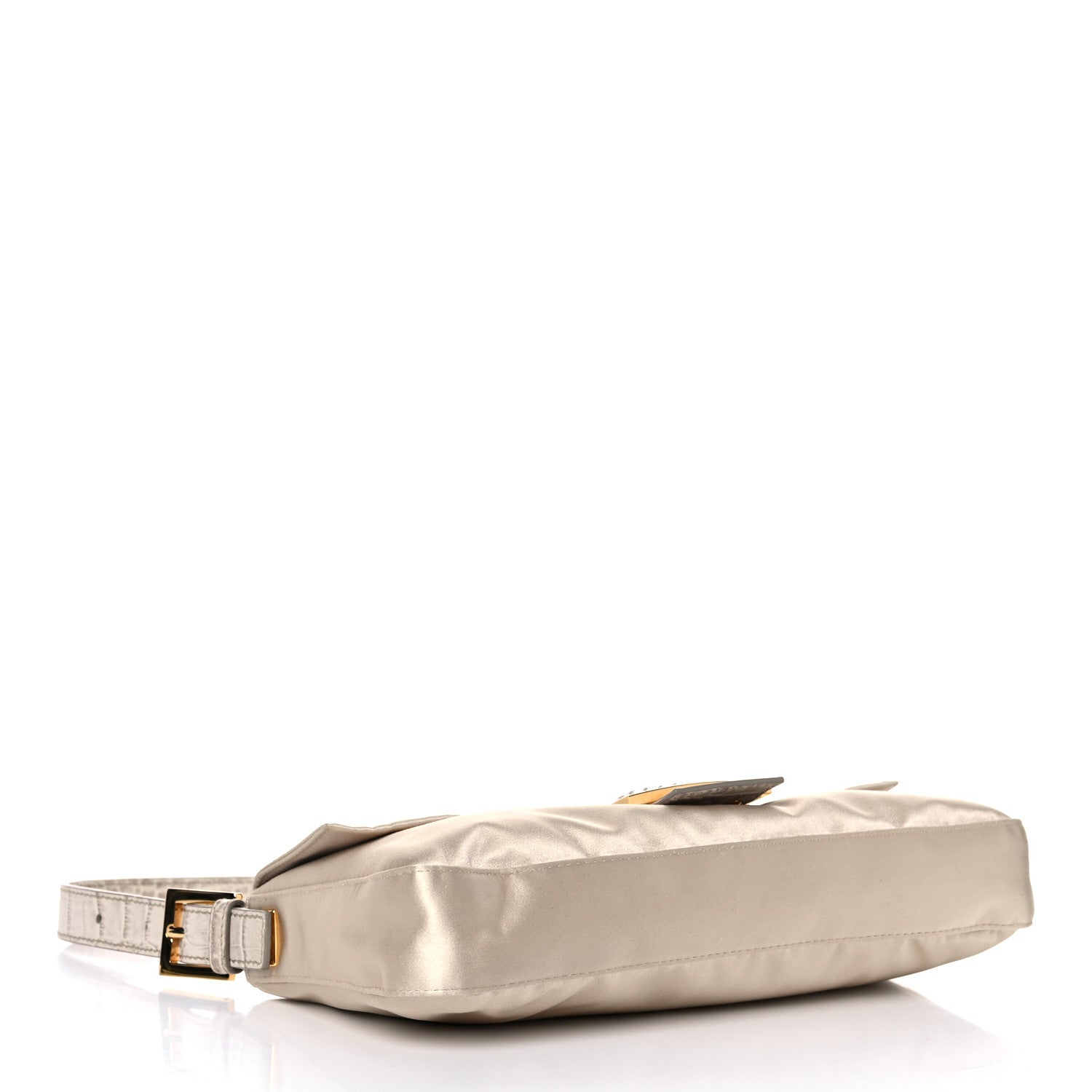 Fendi Satin Calfskin Crystal Crocodile Embossed Baguette Beige Pietra 4 of 15