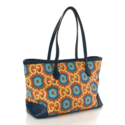 Gucci GG Supreme Kaleidoscope Calfskin Script Logo Gucci 100 Tote Bag Blue Orange Multicolor Blue Agata 3 of 8