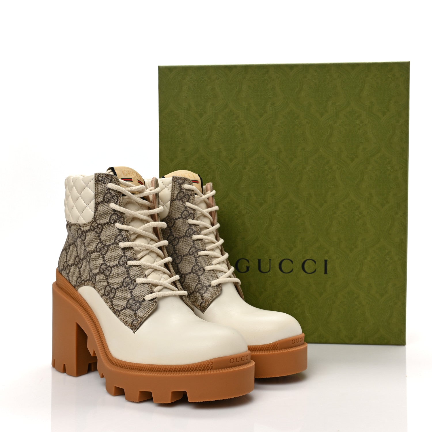 Gucci Calfskin GG Supreme Monogram Nappa Quilted Lace Up Ankle Boots 39.5 Mystic White Beige 7 of 7