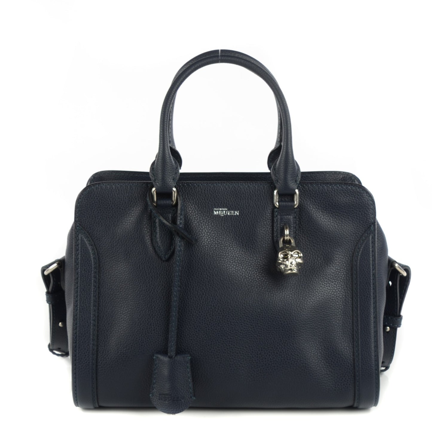 Pebbled Calfskin Small Skull Padlock Zip Around Tote Navy