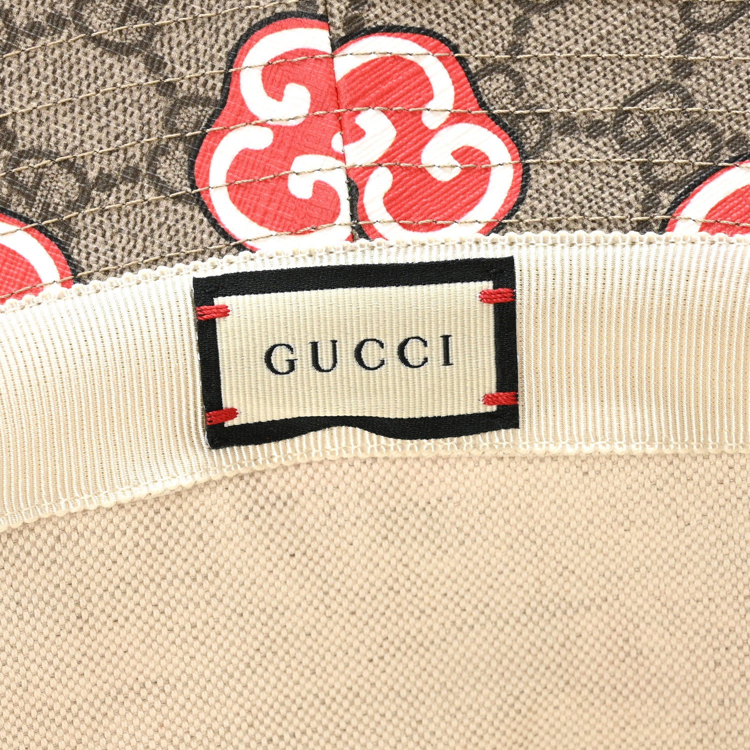 Gucci GG Supreme Monogram Apple Textured Dollar Calfskin Retro Interlocking G Fedora Pomme Bucket Hat XS Beige Ebony Red 7 of 8